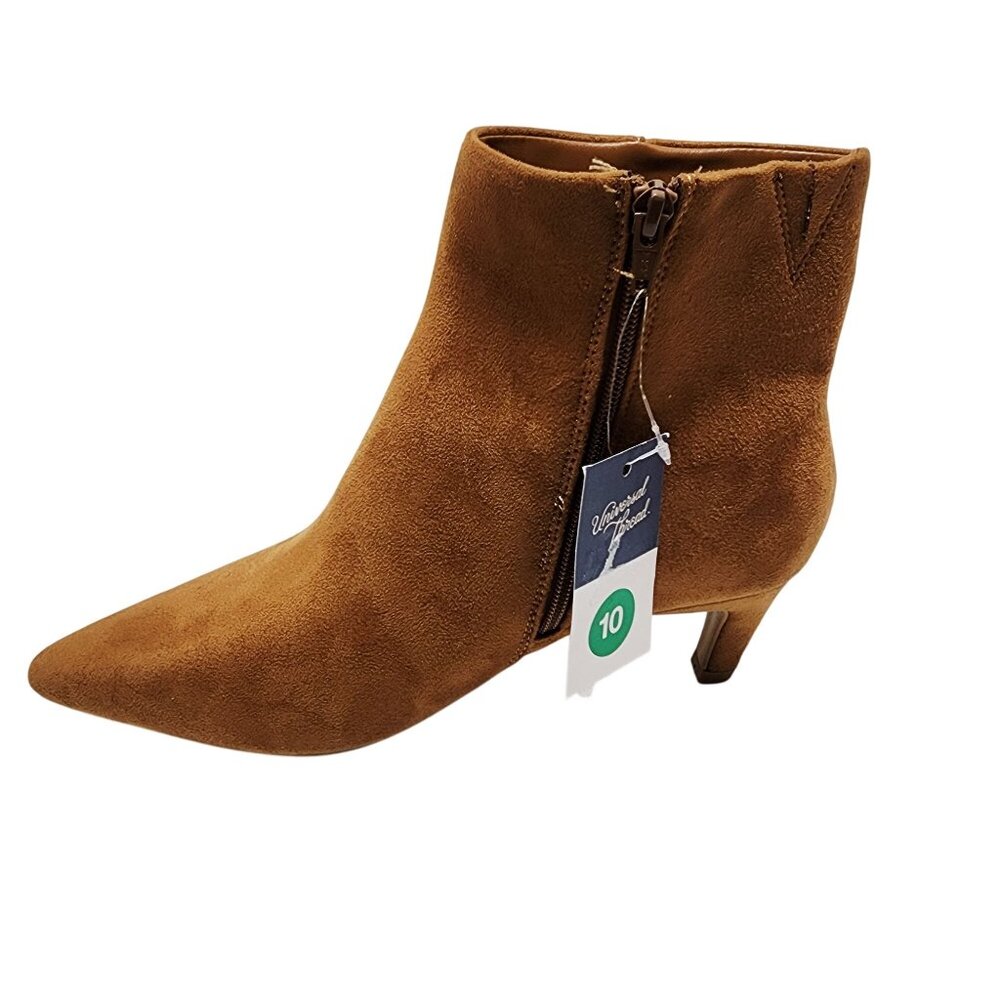Womens Tan Faux Suede Pointed Toe Ankle Boots With Kitten Heel Size 10